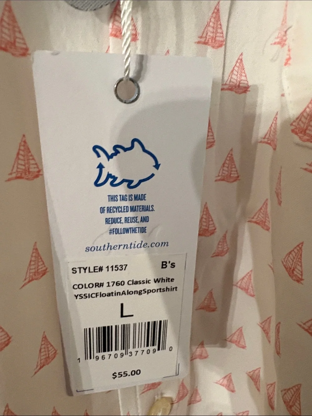 Southern Tide White Short-Sleeve Button-Down Shirt with Pink Sail Print
